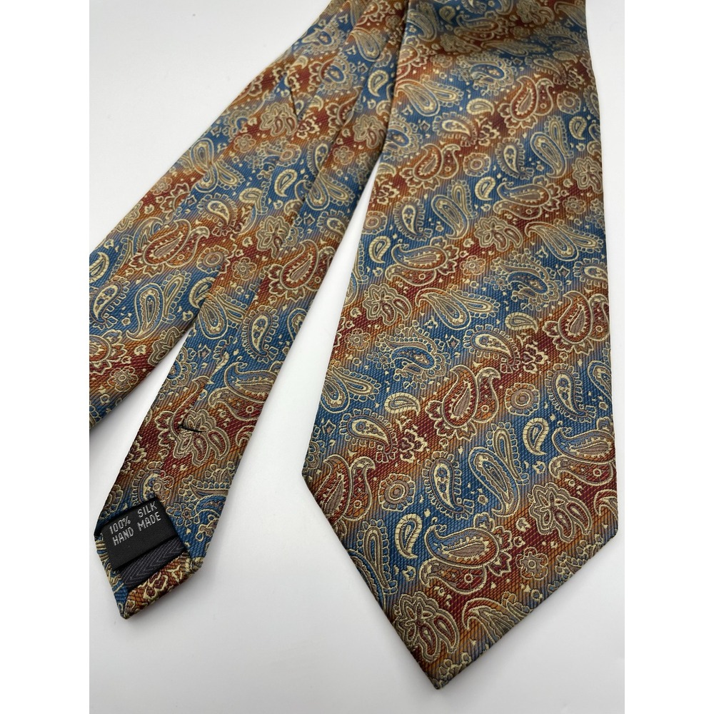 Bachrach Mens Silk Tie Paisley Copper Blue Gold Hand Made Classic Necktie